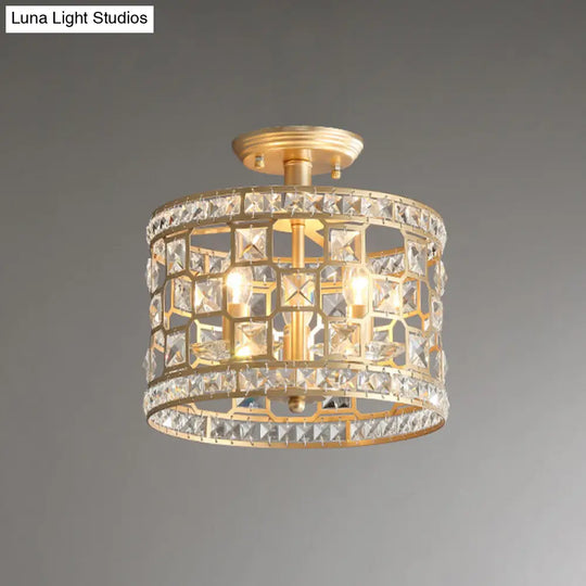 Vintage Gold Crystal Semi Flush Ceiling Light - Hollowed Drum Design 3/4 Heads Embedded Fixtures