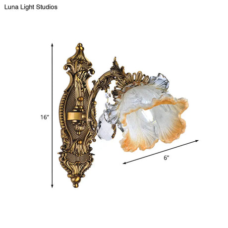 Vintage Gold Crystal Wall Sconce Light Fixture With Floral Design - 1 Bulb