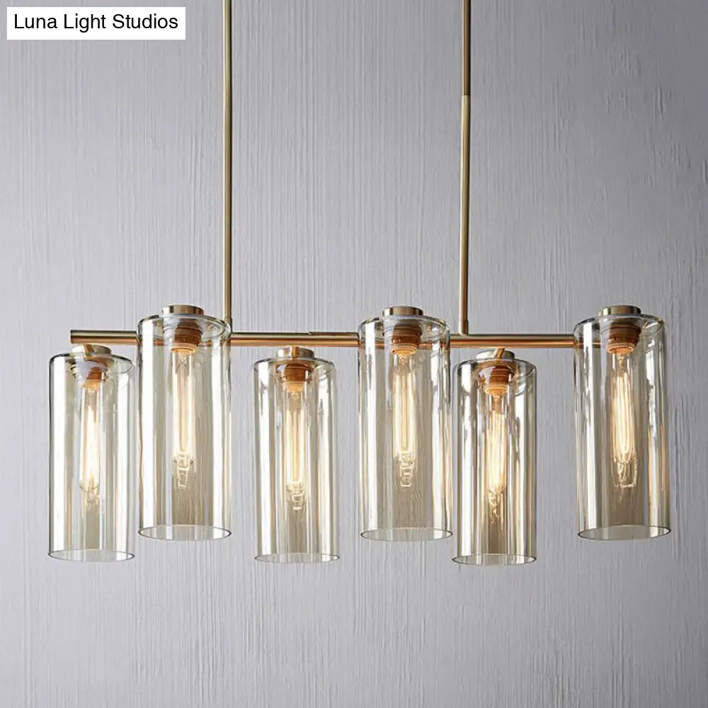 Vintage Gold Cylinder Chandelier With Multi Lights And Clear Glass Shade