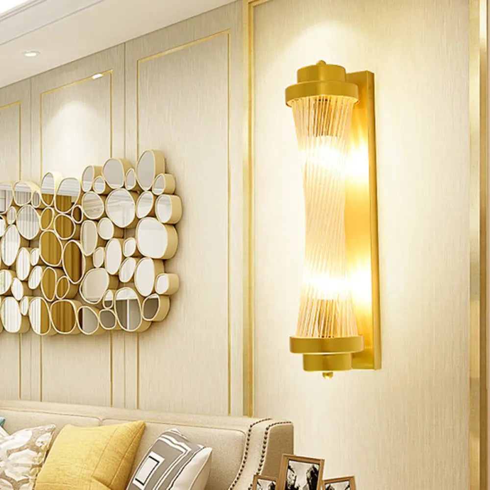Vintage Gold Cylinder Wall Sconce With Clear Glass And Dual Led Lights For Bedroom / B