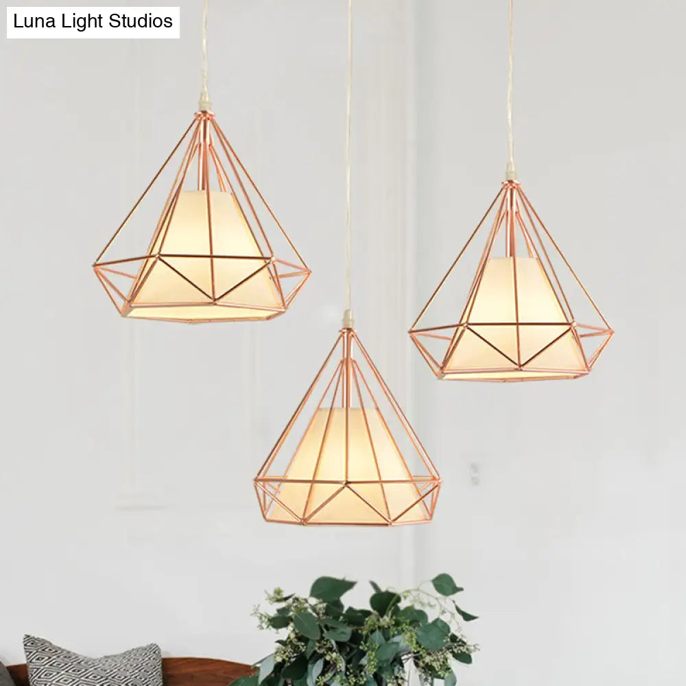 Vintage Gold Diamond Iron Hanging Ceiling Light With 3 Bulbs - Ideal For Dining Room