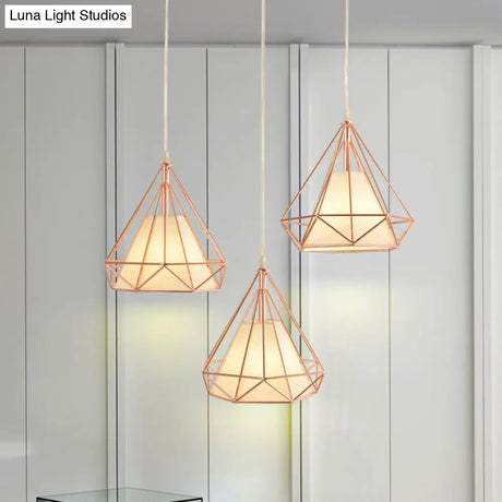 Vintage Gold Diamond Iron Hanging Ceiling Light With 3 Bulbs - Ideal For Dining Room