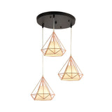Vintage Gold Diamond Iron Hanging Ceiling Light With 3 Bulbs - Ideal For Dining Room / Round