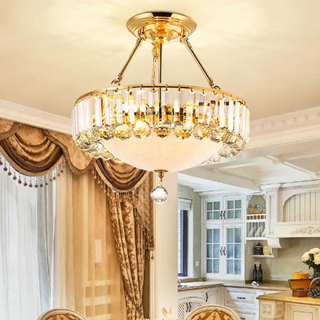 Vintage Gold Drum Semi Mount Lighting With Crystal Accents And Milk Glass Diffuser / 20.5’