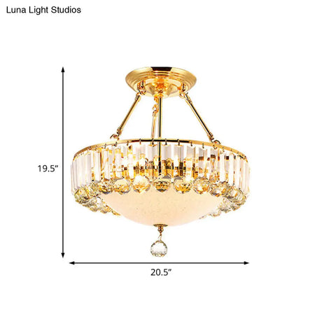 Vintage Gold Drum Semi Mount Lighting With Crystal Accents And Milk Glass Diffuser