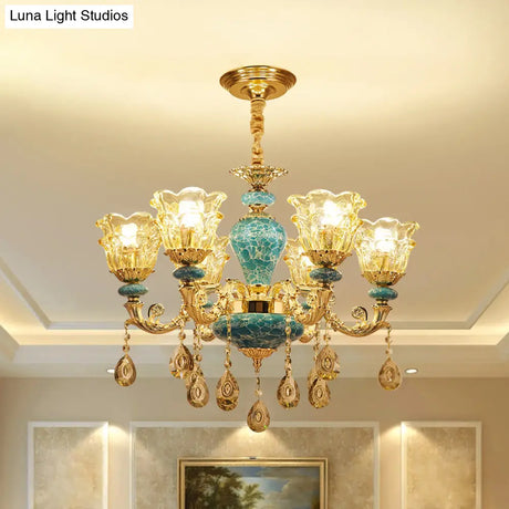 Vintage Gold Finish 2-Layered Flower Chandelier - Clear Glass Ceiling Light