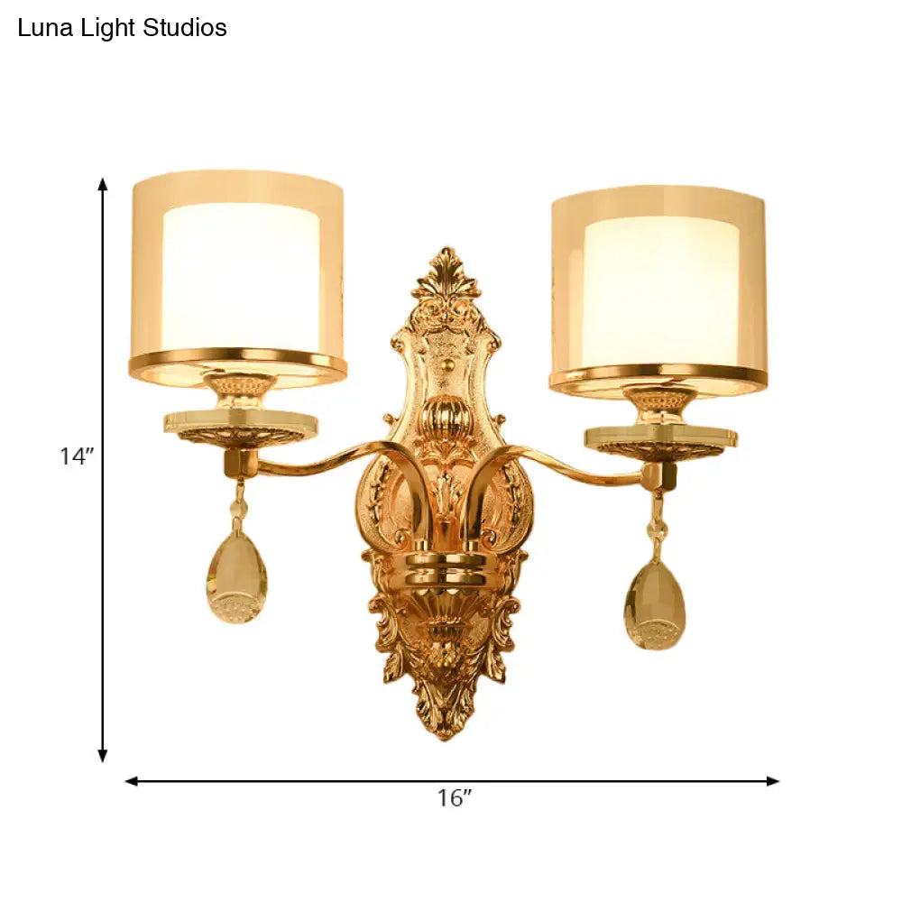 Vintage Gold Finish Cylinder Sconce Light: Metal Wall Fixture With Double Glass Shade And Crystal