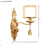 Vintage Gold Finish Cylinder Sconce Light: Metal Wall Fixture With Double Glass Shade And Crystal