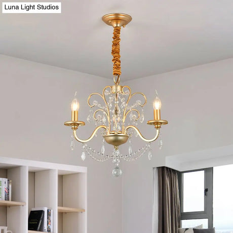 Vintage Gold Flameless Metal Pendant Chandelier With Crystal Decoration - 3/6-Heads Hanging Lamp