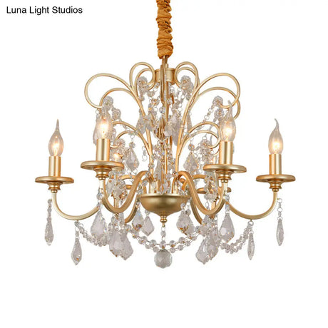 Vintage Gold Flameless Metal Pendant Chandelier With Crystal Decoration - 3/6-Heads Hanging Lamp