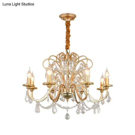 Vintage Gold Flameless Metal Pendant Chandelier With Crystal Decoration - 3/6-Heads Hanging Lamp