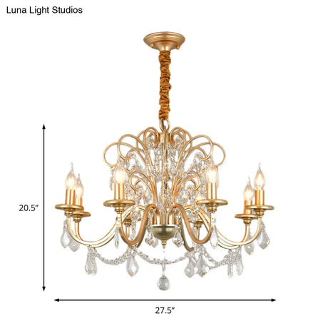 Vintage Gold Flameless Metal Pendant Chandelier With Crystal Decoration - 3/6-Heads Hanging Lamp