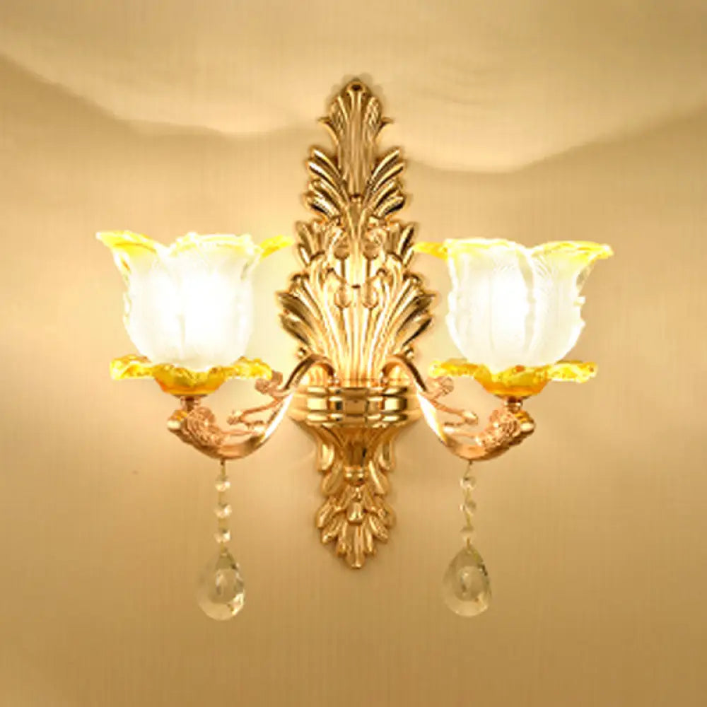 Vintage Gold Floral Wall Light Fixture With Crystal Accents - Elegant Living Room Mounted Lamp 2 / E