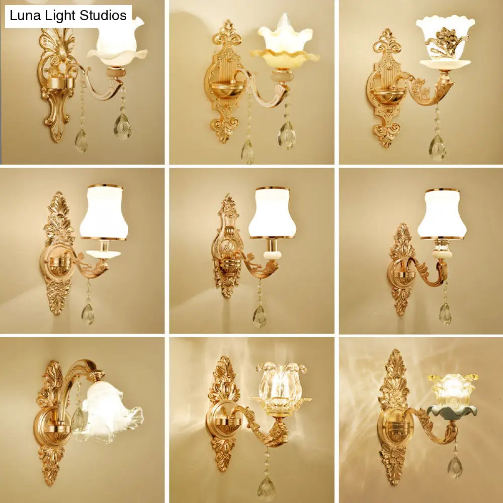 Vintage Gold Floral Wall Light Fixture With Crystal Accents - Elegant Living Room Mounted Lamp