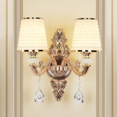 Vintage Gold Glass Wall Light With Crystal Draping - Tapered Textured Design For Corridor And Mount