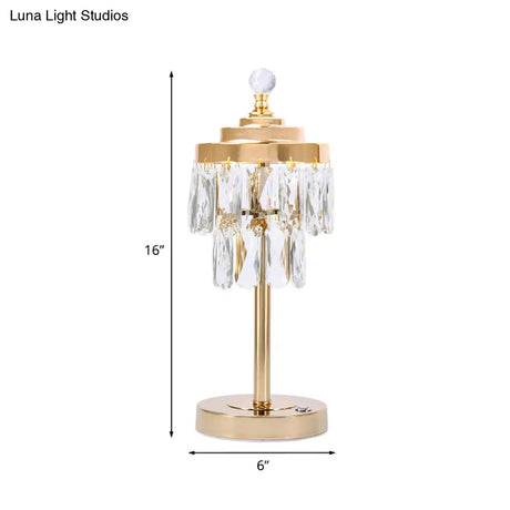Vintage Gold Led Table Lamp With Beveled Crystal Prism - 2 Tiers Bedroom Nightstand Light