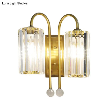Vintage Gold Metal Gooseneck Wall Light With Clear Crystal Shade - Cylindrical 1/2-Bulb Sconce