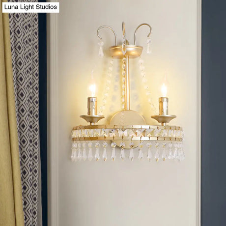 Vintage Gold Wall Lamp With Crystal Accent - Metallic Exposed 2-Light Fixture For Hallway