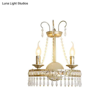 Vintage Gold Wall Lamp With Crystal Accent - Metallic Exposed 2-Light Fixture For Hallway