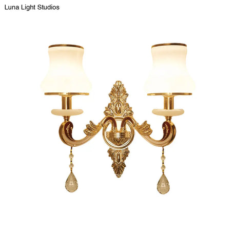 Vintage Gold Wall Sconce With Curved Milk Glass Lampshade - 2 Heads Bedroom Mount Lamp