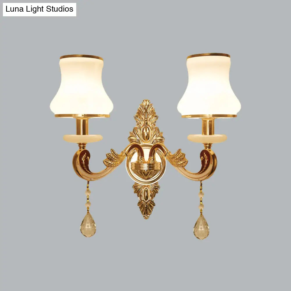 Vintage Gold Wall Sconce With Curved Milk Glass Lampshade - 2 Heads Bedroom Mount Lamp