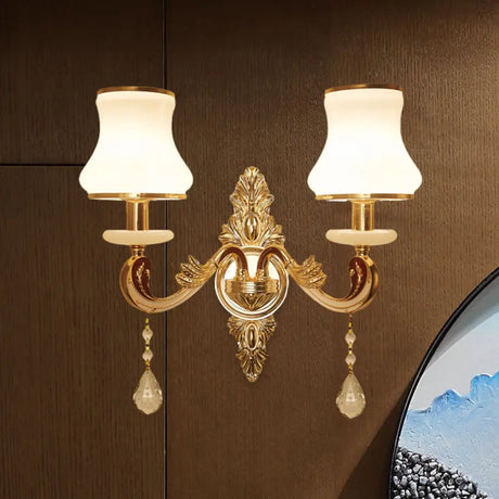Vintage Gold Wall Sconce With Curved Milk Glass Lampshade - 2 Heads Bedroom Mount Lamp