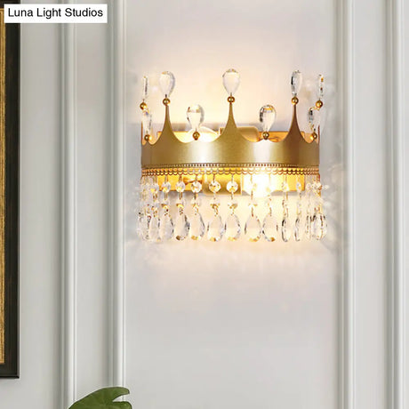 Vintage Golden Crown Wall Sconce - Stylish 2-Light Metal Lamp With Clear Crystal Details