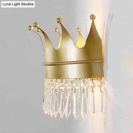 Vintage Golden Crown Wall Sconce - Stylish 2-Light Metal Lamp With Clear Crystal Details