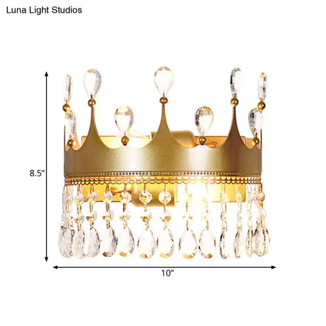 Vintage Golden Crown Wall Sconce - Stylish 2-Light Metal Lamp With Clear Crystal Details