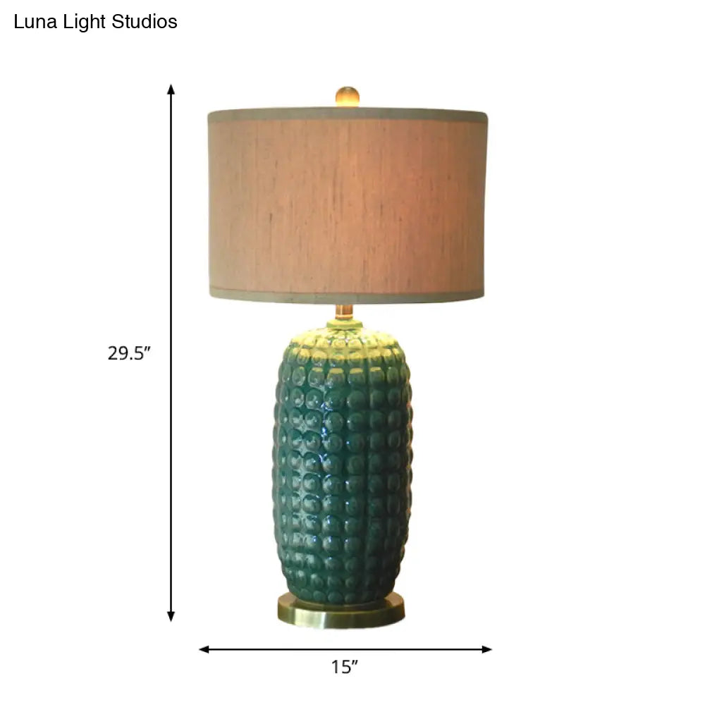 Vintage Green Porcelain Table Lamp With Fabric Shade - Retro Cylindrical Base 1 Head Nightstand For