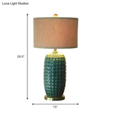 Vintage Green Porcelain Table Lamp With Fabric Shade - Retro Cylindrical Base 1 Head Nightstand For