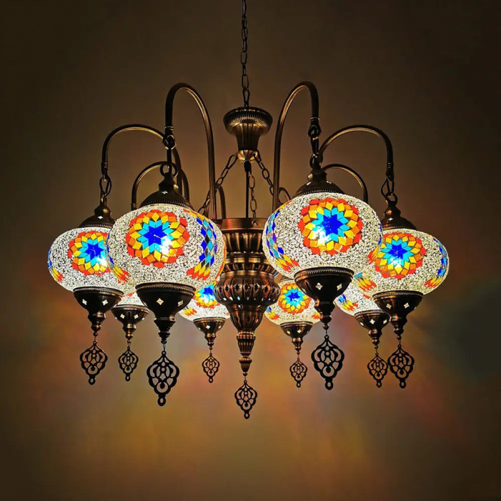 Vintage Handcrafted Art Glass Oval Pendant Light Chandelier With 9 White/Yellow/Gold Heads For