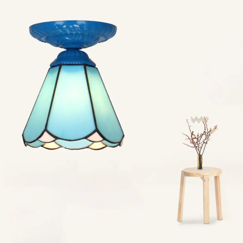 Vintage Handcrafted Stained Glass Ceiling Light With Single Flower Design For Aisle Blue /