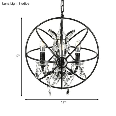 Vintage Hanging Lamp With Globe Cage Shade And Crystal Decoration - Black Iron Chandelier Lighting