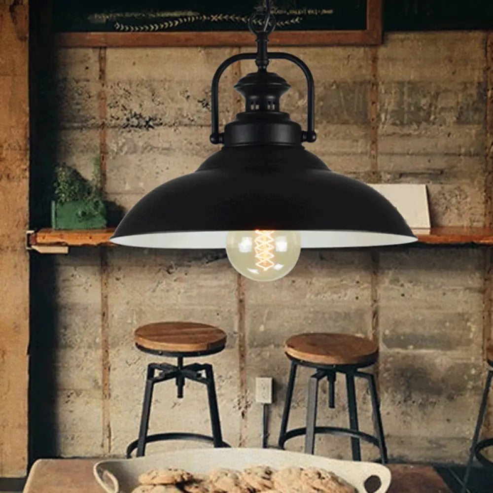 Vintage Hanging Metal Pendant Lamp With Handle - Black Outer & White Inner / 12.5’