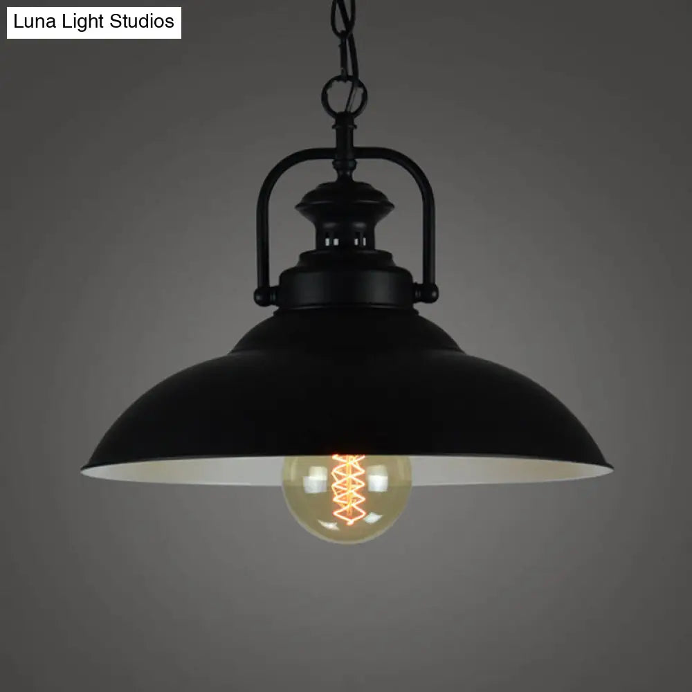 Vintage Hanging Metal Pendant Lamp With Handle - Black Outer & White Inner