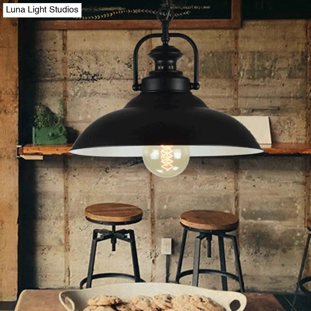 Vintage Metal Pendant Lamp With Hanging Handle - Black Outer White Inner & / 12.5