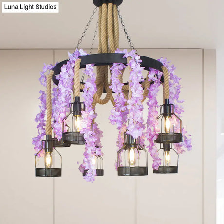 Vintage Hemp Rope Flower Chandelier With Metal Cage And 8 Heads