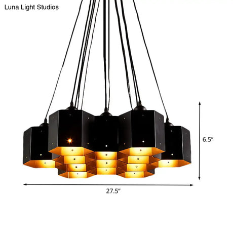 Vintage Hexagonal Chandelier With Black Honeycomb Design - 7/10/11 Down Lights For Restaurants