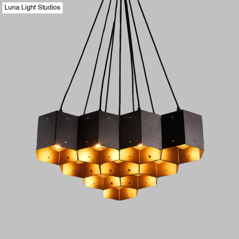 Vintage Hexagonal Chandelier With Black Honeycomb Design - 7/10/11 Down Lights For Restaurants