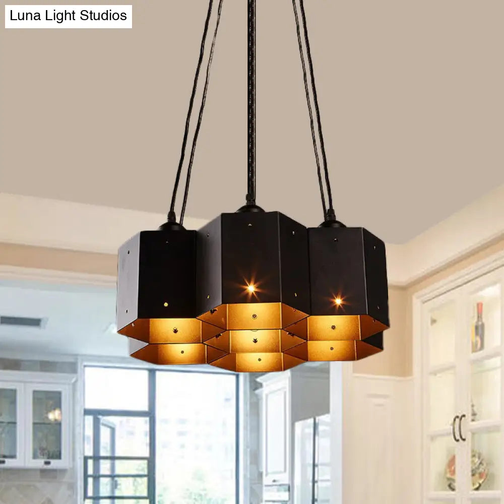 Vintage Hexagonal Chandelier With Black Honeycomb Design - 7/10/11 Down Lights For Restaurants