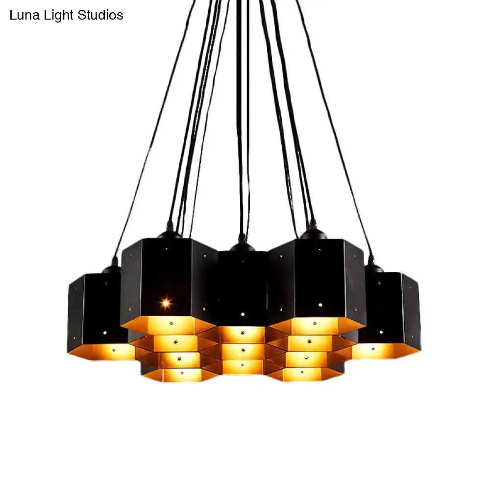 Vintage Hexagonal Chandelier With Black Honeycomb Design - 7/10/11 Down Lights For Restaurants