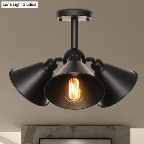 Vintage Indoor Ceiling Light - Black Flush Mount With Metallic Cone/Saucer Shade