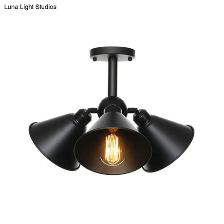 Vintage Indoor Ceiling Light - Black Flush Mount With Metallic Cone/Saucer Shade