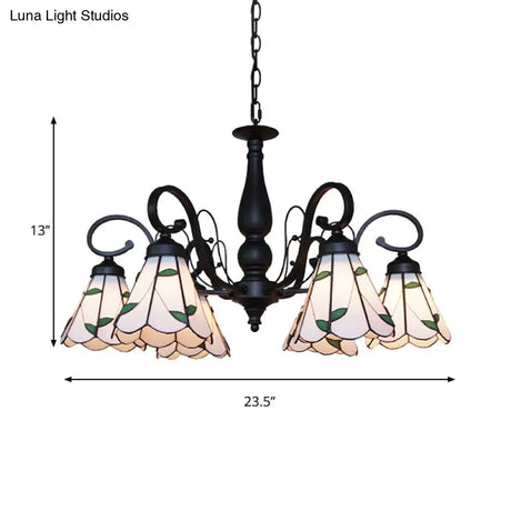 Vintage Indoor Lighting: Multi Light Cone Chandelier With Rhombus/Leaf Pattern Beige Glass For
