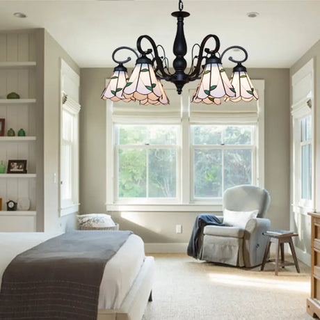 Vintage Indoor Lighting: Multi Light Cone Chandelier With Rhombus/Leaf Pattern Beige Glass For