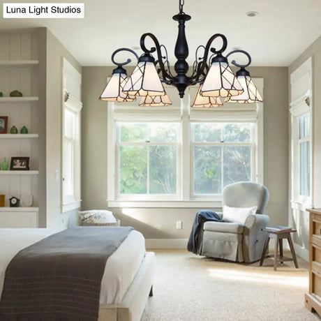 Vintage Indoor Lighting: Multi Light Cone Chandelier With Rhombus/Leaf Pattern Beige Glass For