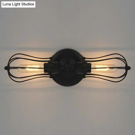 Vintage Industrial 1/2-Light Metal Bulb Wall Sconce With Cage Shade For Restaurants - Black/Nickel