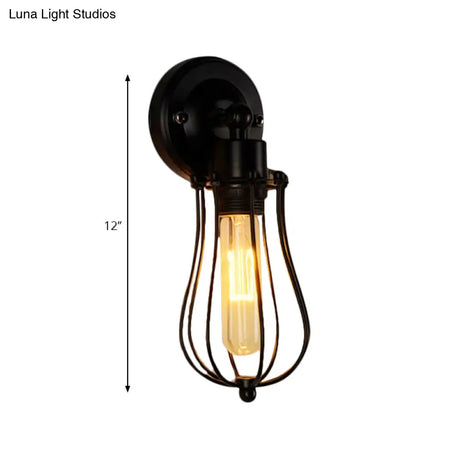 Vintage Industrial 1/2-Light Metal Bulb Wall Sconce With Cage Shade For Restaurants - Black/Nickel