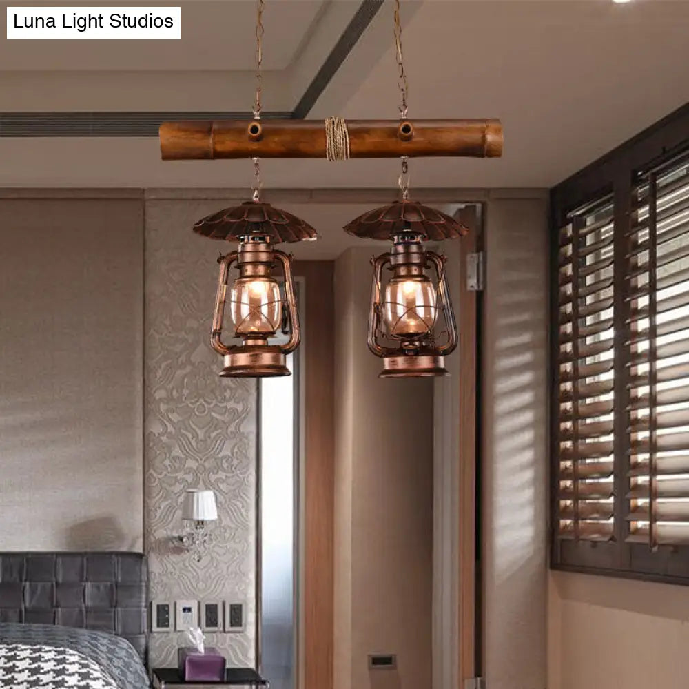 Vintage Industrial 2-Light Island Pendant In Red Brown - Kerosene Metallic Chandelier Lighting